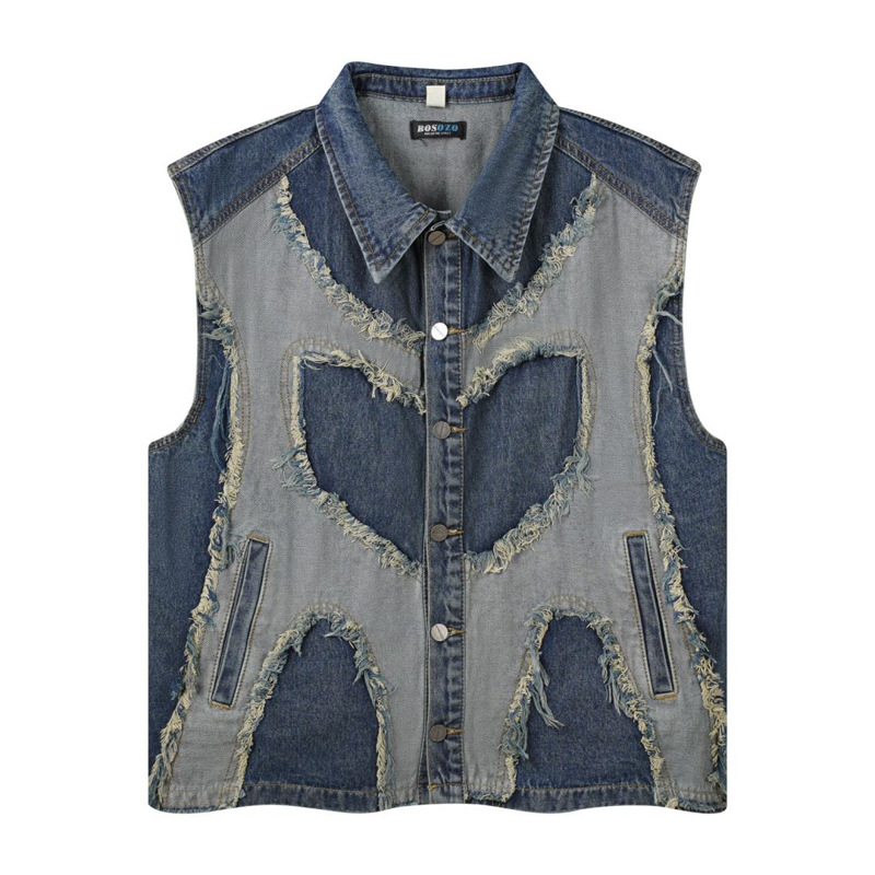 Patchwork Jean Jacket - European and American mens Lapel Sleeveless