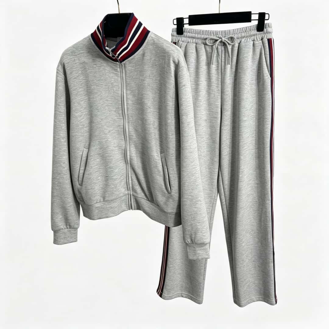 Vintage Fashion Jacket - 83-Striped Rib Collar Tracksuit 2‑Piece Set