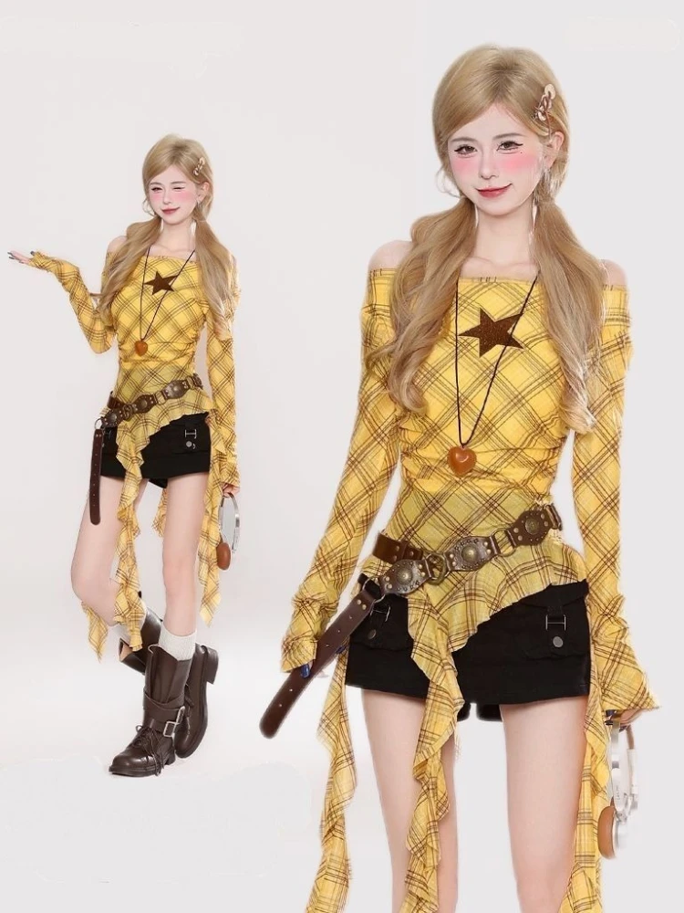Y2K Plaid Slash Neck Vintage T - Vintage Fashion recension och pris