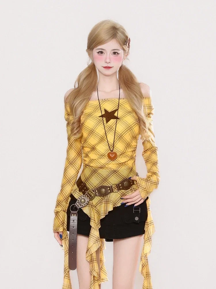 Y2K Plaid Slash Neck Vintage T - Vintage Fashion recension och pris