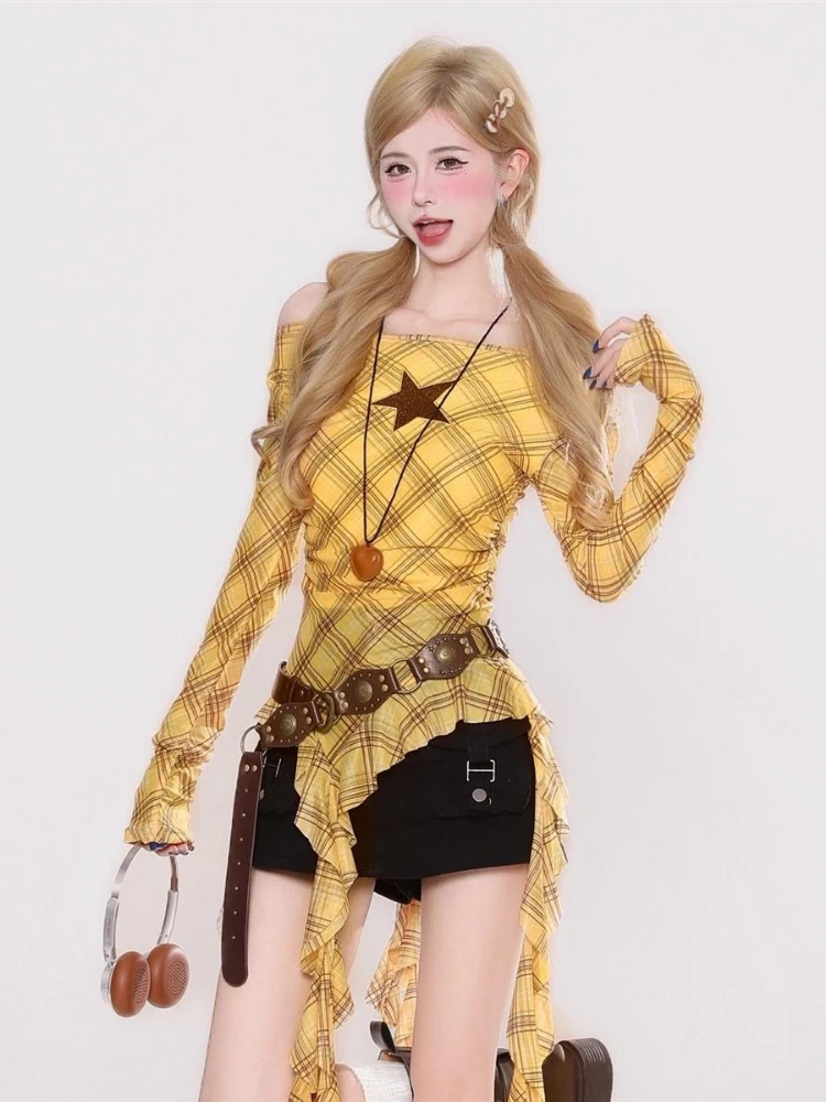 Y2K Plaid Slash Neck Vintage T - Vintage Fashion recension och pris