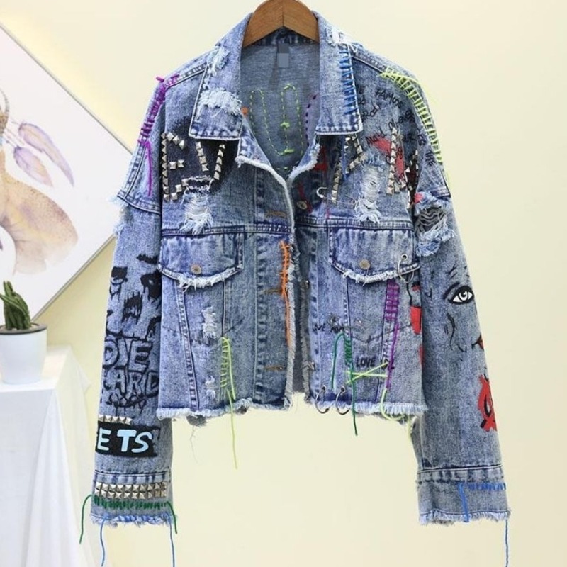 Trendy Graffiti Casual Denim S - Patchwork Jean Jacket recension och pris