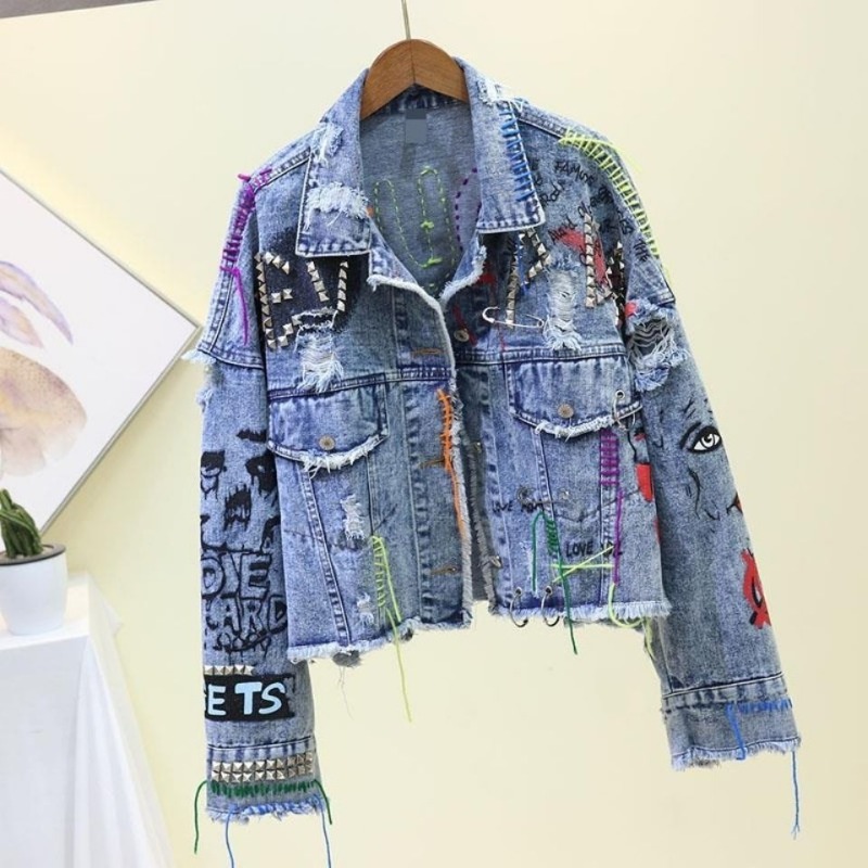 Trendy Graffiti Casual Denim S - Patchwork Jean Jacket recension och pris