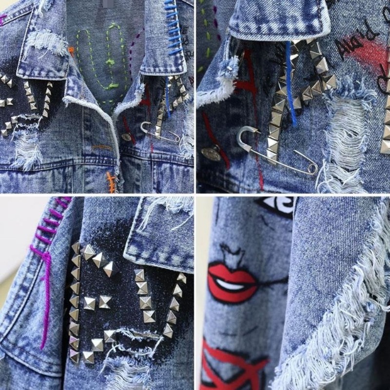 Trendy Graffiti Casual Denim S - Patchwork Jean Jacket recension och pris
