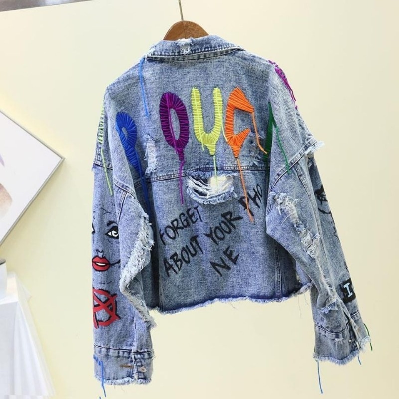 Trendy Graffiti Casual Denim S - Patchwork Jean Jacket recension och pris