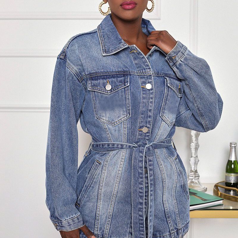Denim Coat Women Mid Length Co - Patchwork Jean Jacket recension och pris